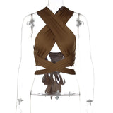 Women Strappy Cross Over Front Cut Out Halter Neck Sleeveless Summer Sexy Tops
