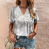 Women's T-Shirt Retro Floral Print Summer Casual V-Neck Lady
