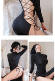 Summer sexy Dresses for Women white O neck hip-covering mid-length Satin Lace up backless sexy tight fitting long sleeved dress