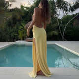 Women's Deep V Neck High Slit Backless Maxi Dress for Summer