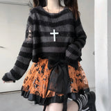 Women’s Goth Striped Sweater Y2K Grunge Emo Pullover Top