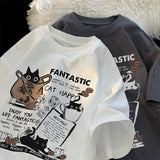 Oversized Cartoon Cat Print Couples Short Sleeve T-Shirt