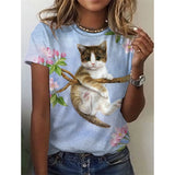 Cat Print T-Shirt Fashion Female Tees Tops Summer Clothing