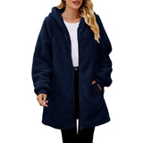 Hooded Plush Loose Zipper Casual Solid Long Sleeved Lightweight Jacket Simple Long Coat Winter Woman Outwear Clothes New Vintage