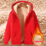 Fleece Sweatshirt Thickened Lamb Plush Hooded Zipper Cardigan Casual Red Coat Long Sleeve Woman New Clothing Winter Loose Trend