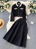 Fall New Vintage Thin Tweed Women 2 Piece Sets Outfits 2022 Stand Collar Single-breasted Jacket Long Skirt Two Piece Sets