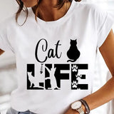 Women's Cartoon Cat Print Short-Sleeved T-Shirt Style Cloths