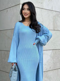 High Quality Women'S Solid Color Knitted Set, Sexy Long Sleeved Loose Long Cardigan Jacket+Sleeveless Dress Casual Two-Piece Set