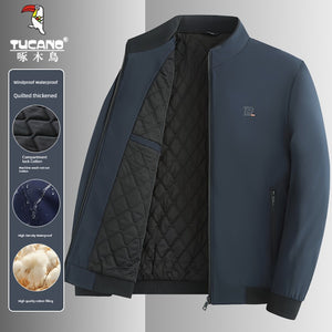 Woodpecker Autumn and Winter New Arrival Men Stand-up Collar Jacket Middle-Aged and Elderly Fleece Lined Padded Warm Keeping