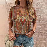 Women's T-Shirt Retro Floral Print Summer Casual V-Neck Lady