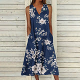 Women's Casual Summer Dress: V-neck Sleeveless Design Pocket