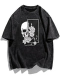 Gothic Skull and Rose T-Shirt Washed Cotton Aesthetic Floral