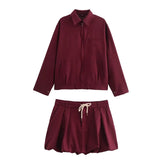 Vintage Women Tied Lantern Mini Burgundy Skirt 2024 New Fashion Zipper Jacket Women Suit Casual 2 Piece Set Ladies Outfit