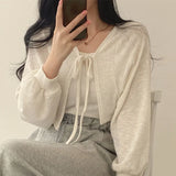 Women's White Knit Cardigan Korean Style Lace-Up Summer Top