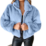 Rabbit Fur Imitation Fur Zipper Plush Warm Pink Jacket Long Sleeve Short Coat Winter Women Crop Top Casual New In Outwear Cloth