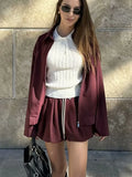 Vintage Women Tied Lantern Mini Burgundy Skirt 2024 New Fashion Zipper Jacket Women Suit Casual 2 Piece Set Ladies Outfit