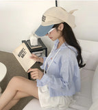 Women's Korean Stripe V-Neck Sun Protection Shirt Top