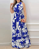 Hanging Neck Lace-up Printed Ruffle Dress Casual Sleeveless