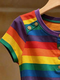 Rainbow Stripes Slim Fit Short Sleeve Korean Style T-Shirt