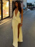 Women's Deep V Neck High Slit Backless Maxi Dress for Summer