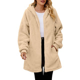 Hooded Plush Loose Zipper Casual Solid Long Sleeved Lightweight Jacket Simple Long Coat Winter Woman Outwear Clothes New Vintage