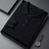 100% Pure Wool Winter Warm Soft Pullover Men's Business Lapel Knitwear Casual Solid Color Long Sleeve Polo Shirt Office