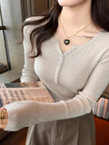 Women’s V-Neck Button Sweater Long Sleeve Slim Knit Pullover
