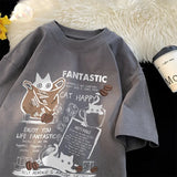 Oversized Cartoon Cat Print Couples Short Sleeve T-Shirt
