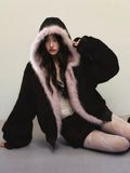 New Winter American Retro Pink Fur Hooded Workwear Thickened Short Jacket Skirt Two-piece Suit for Women