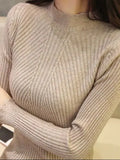 Women's Mock Neck Ruffles Long Sleeve Knitted Bottoming Solid Pullovers Stripe Casual Sweater