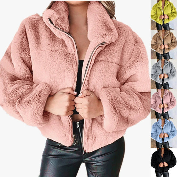 Rabbit Fur Imitation Fur Zipper Plush Warm Pink Jacket Long Sleeve Short Coat Winter Women Crop Top Casual New In Outwear Cloth