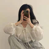 Women's White Knit Cardigan Korean Style Lace-Up Summer Top