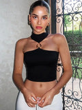 Metal Buckle Decoration Tank Tops Women's Off-Shoulder Outfit
