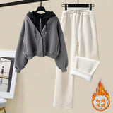 Plush and Thickened Hoodie Jacket Casual Wide Legged Pants Two-piece Elegant Women's Pants Set Winter Outfits