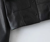 Matching Set Sexy Women Lapel Double Pockets Faux Leather Crop Jacket High Waist Mini Pleated Skirt Sets Black