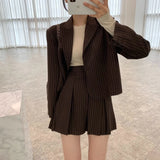 CJFHJE Fashion Stripe Blazer Women Autumn Notched Single Breasted Suit Korean Elegant Jacket High Elastic Waist Pleated Skirt