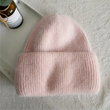 Women's Rabbit Fur Winter Hat Warm Beanie Solid Color Cap
