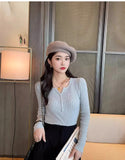 Women’s V-Neck Button Sweater Long Sleeve Slim Knit Pullover