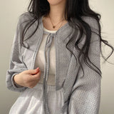 Women's White Knit Cardigan Korean Style Lace-Up Summer Top