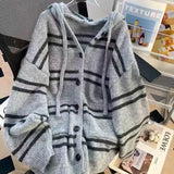 Striped Knit Sewater Women Loose Lazy Single-Breaster Hooded Cardigan Fashion Casual Fall Winter Pretty Style Patchwork Jacket