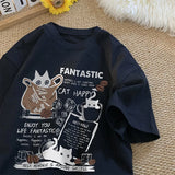 Oversized Cartoon Cat Print Couples Short Sleeve T-Shirt