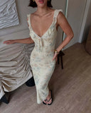 Women's Floral Print Maxi Dress Backless Summer Beachwear