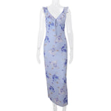 Women's Floral Print Maxi Dress Backless Summer Beachwear