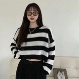 Korean Style Striped Cropped Sweater Women Oversize Knit Jumper