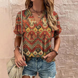 Women's T-Shirt Retro Floral Print Summer Casual V-Neck Lady