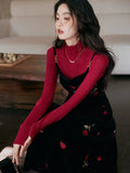 Women French Retro 2 Piece Set Autumn Outfits Long Sleeve High Collar Top+Black Rose Embroidered Velvet Slip Dress Sets Elegant