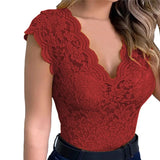 Sexy Deep V Neck Sleeveless Lace Blouse Shirts Summer Women Lace Patchwork Pullover Tops