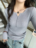 Women’s V-Neck Button Sweater Long Sleeve Slim Knit Pullover