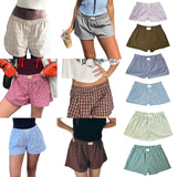 Women’s Y2K Retro Cleanfit Plaid Print Elastic Loungewear Loose Shorts