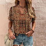 Women's T-Shirt Retro Floral Print Summer Casual V-Neck Lady